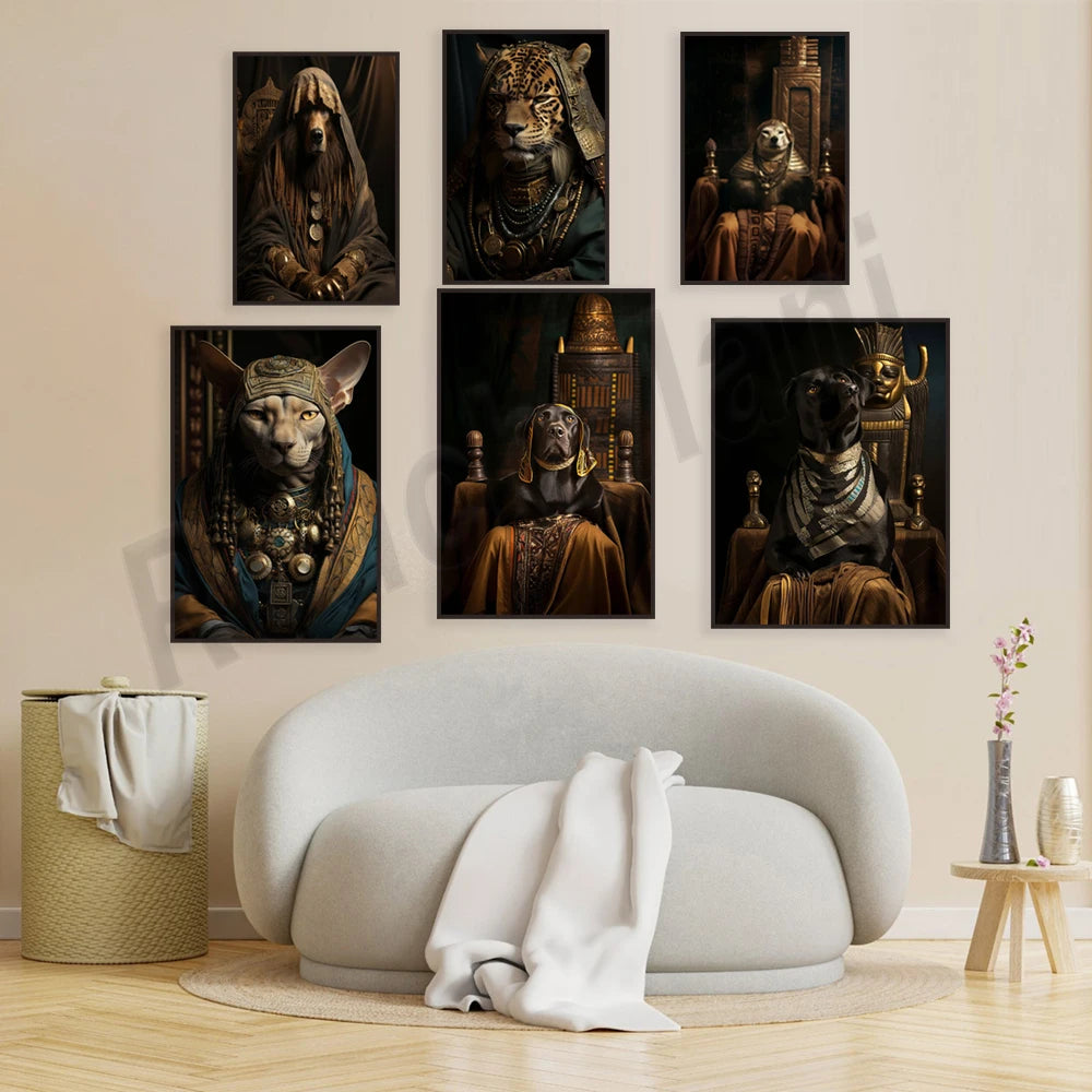 Des animaux déguisés en divinités antiques avec des accessoires traditionnels et des expressions mystiques ornent les murs de cette pièce.