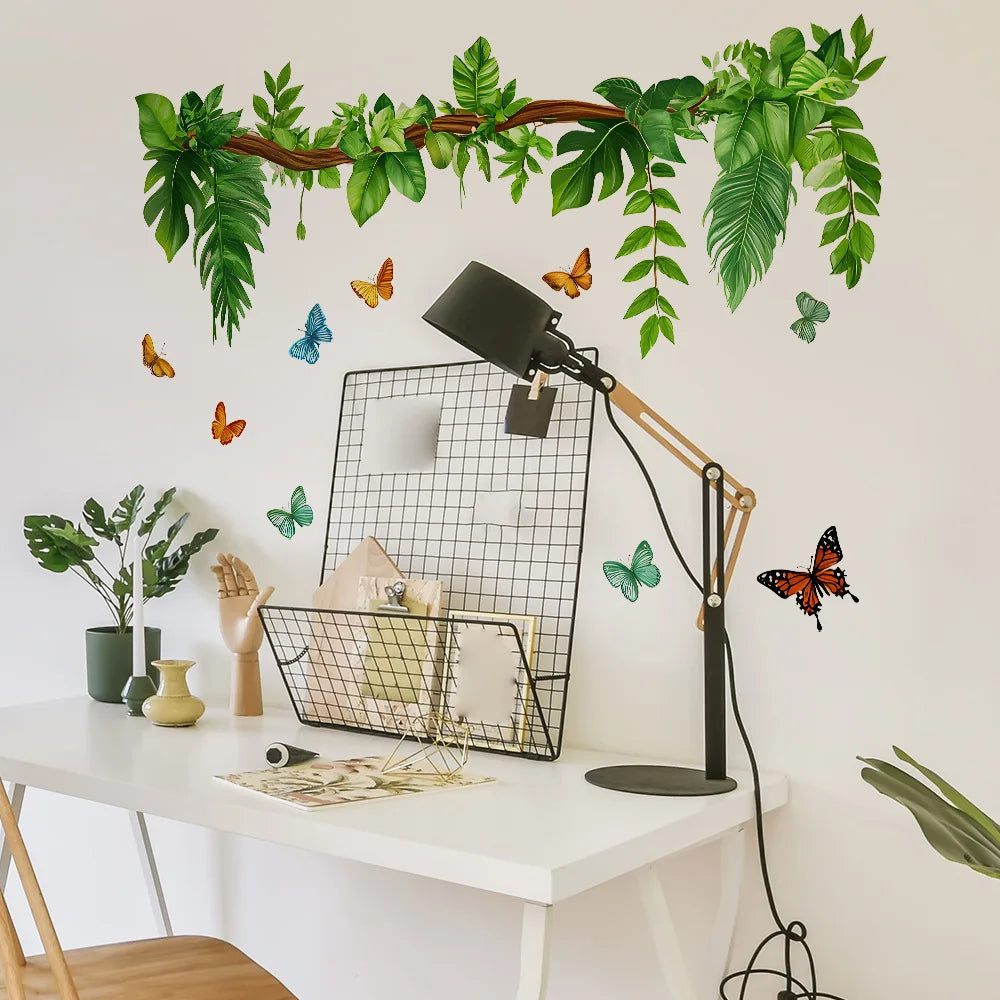 sticker mural papillons feuilles tropicales verte naturelle décoration salon salle bains moderne adhésif auto