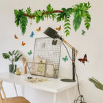 sticker mural papillons feuilles tropicales verte naturelle décoration salon salle bains moderne adhésif auto