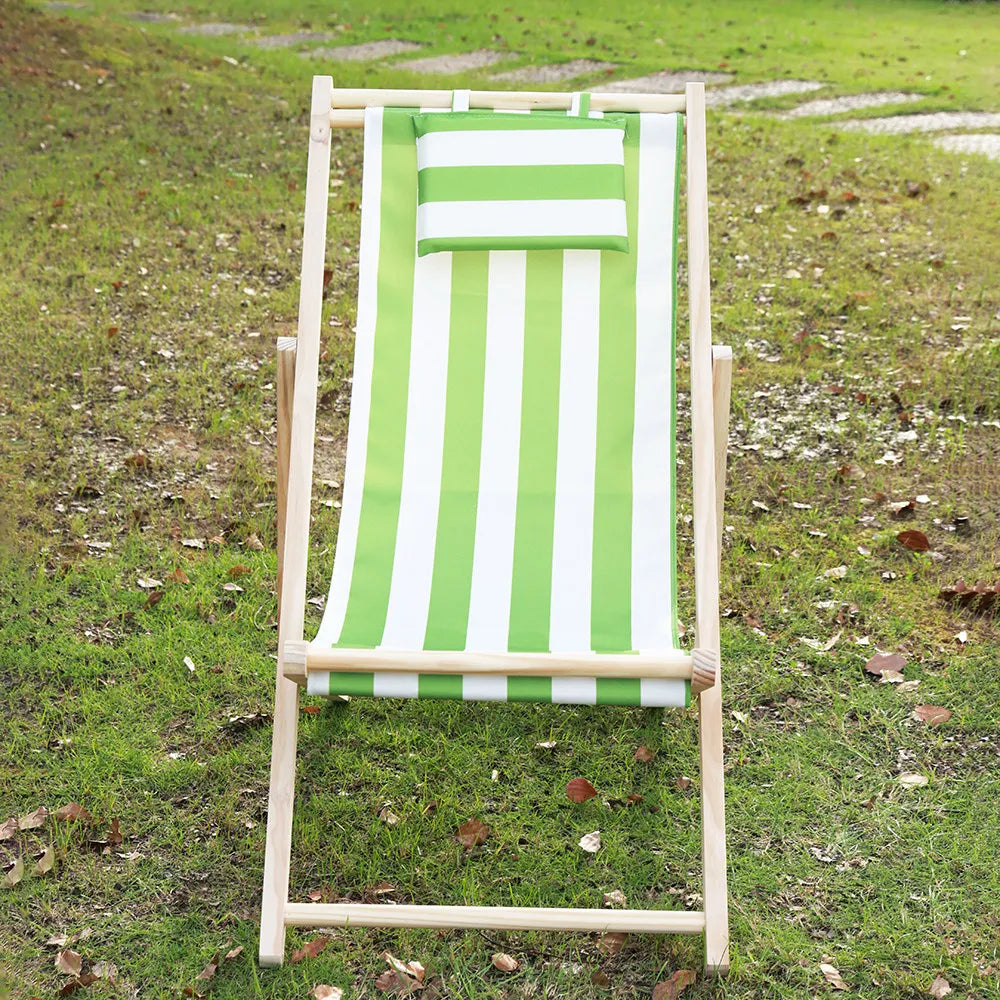 chaise longue pliable bois massif toile rayée plateau d'appoint plage