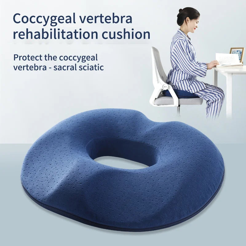 coussin réhabilitation coccyx bleu foncé mousse mémoire forme polyester coton anti dérapant fermeture glissière