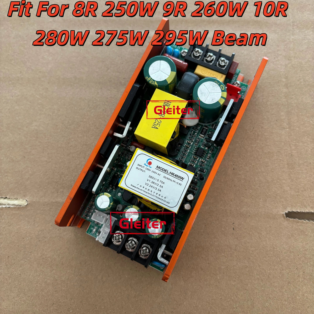 transformateurs alimentation projecteurs scène lampes faisceau mobiles circuits imprimés condensateurs bobines orangers grisés jaunes