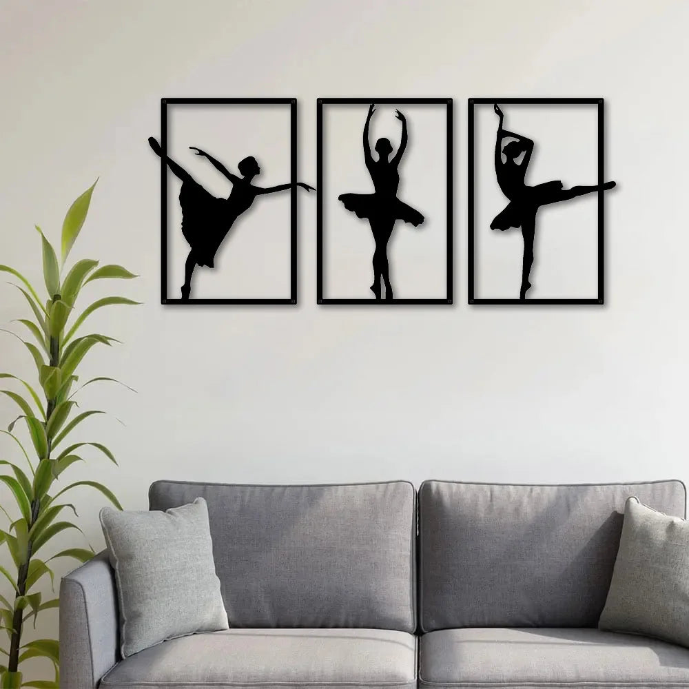 décoration murale silhouette danseuse pose classique art minimaliste noir métalintérieur chambre salon trois pièces