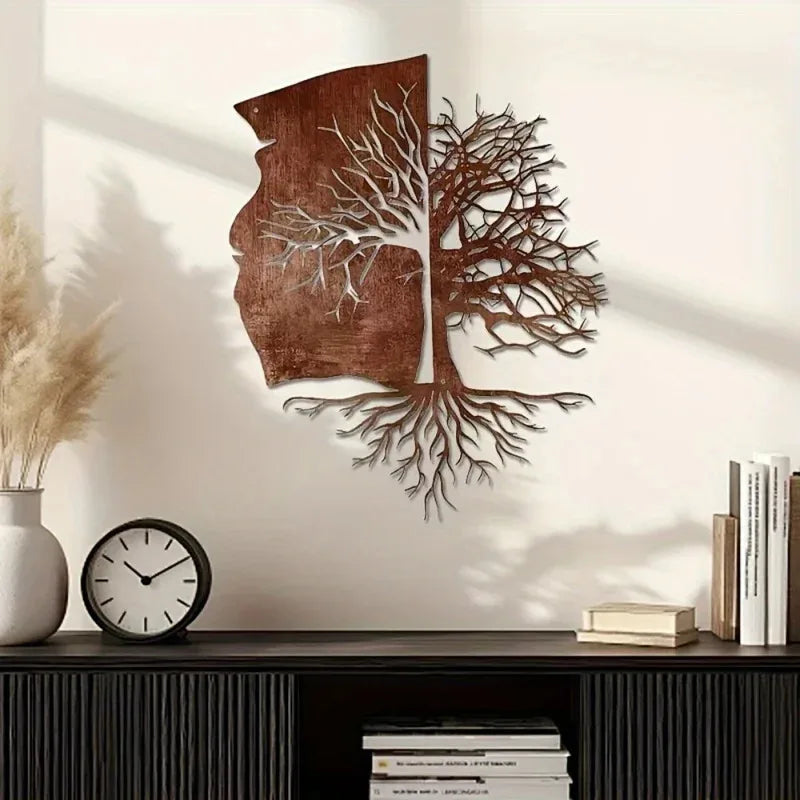sculpture murale moderne arbre vie silhouette visage marron clair blanc abstraite