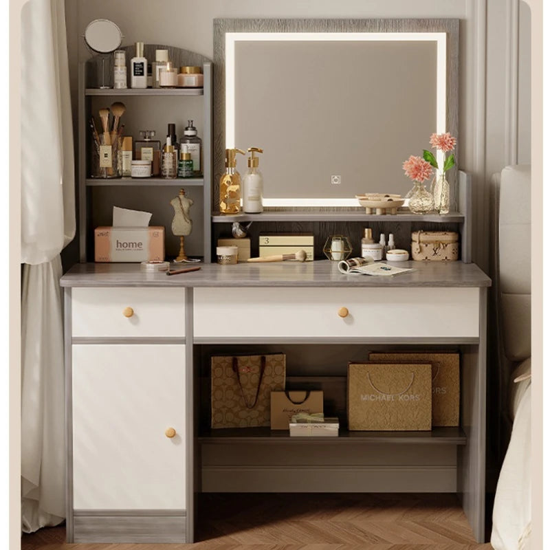 maquillage moderne minimaliste gris blanc tiroirs tabouret miroir lumineux étagères chambre coucher