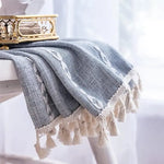 rideau moderne bohème beige clair gris clair rayures verticales franges opaques crochets métalliques