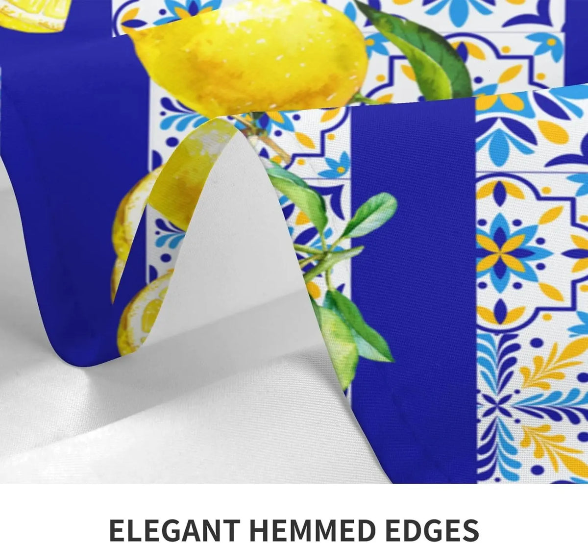 nappe rectangulaire imperméable motif floral géométrique moderne bleu blanc jaune citron réutilisable polyester table