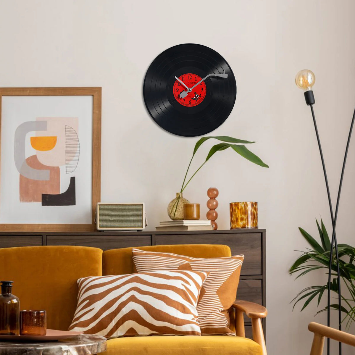 horloge murale moderne rétro vinyle noir rouge disque illustré salon chambre decoration wall clock