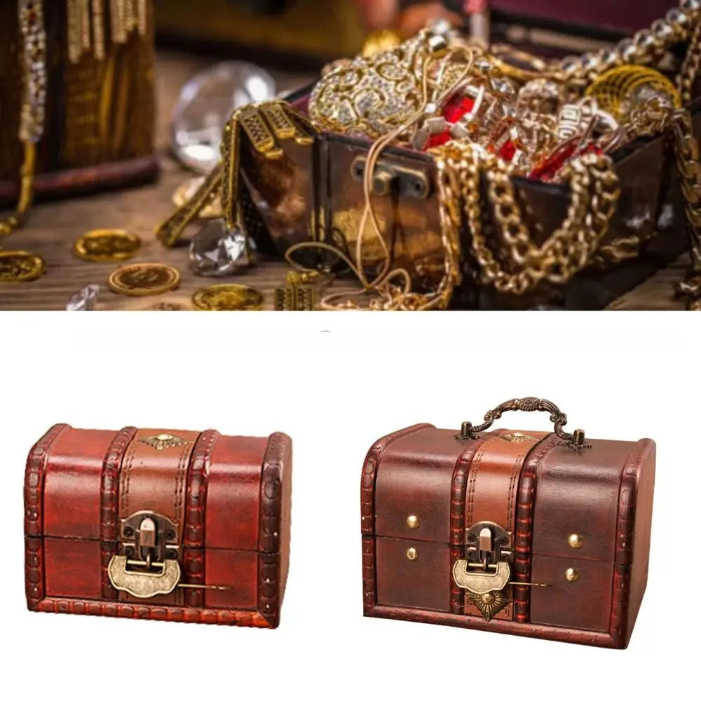 coffre bijoux vintage coffre bois rétro marron foncé ornements dorés serrure clé poignée