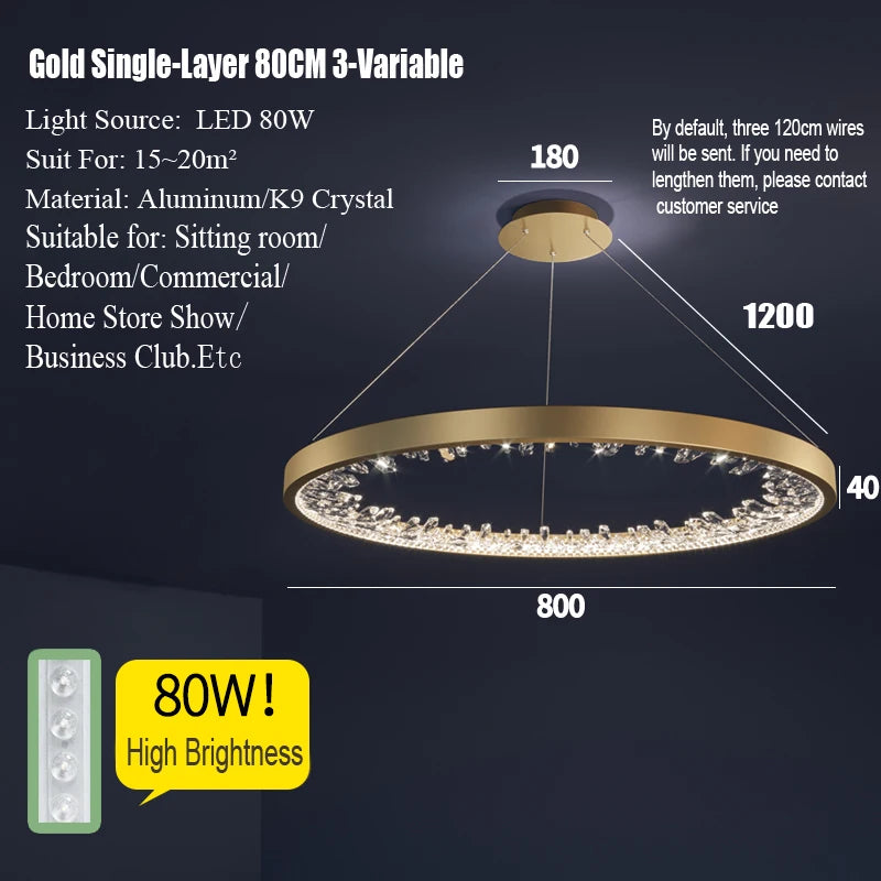suspension lumineuse moderne or noir strass circulaire chambre salon led
