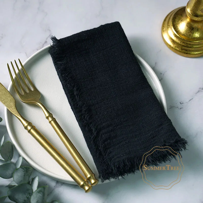 serviettes cuisine rustiques coton noir orange beige blanc rose pâle franges rustic naturel