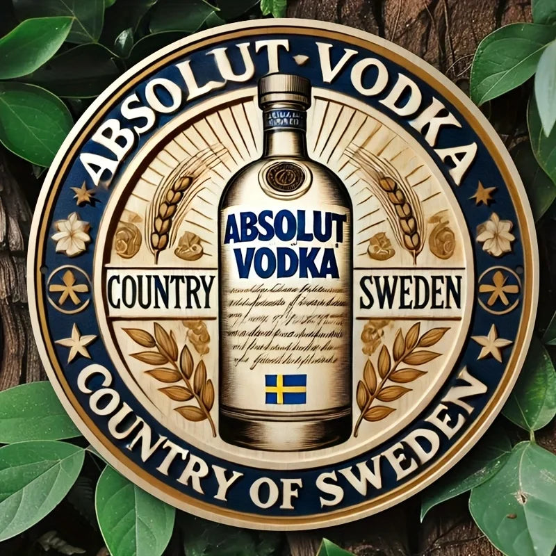 décoration murale circulaire plaque bois bleu vintage vodka bouteille blé fleurs doré occasion anniversaire