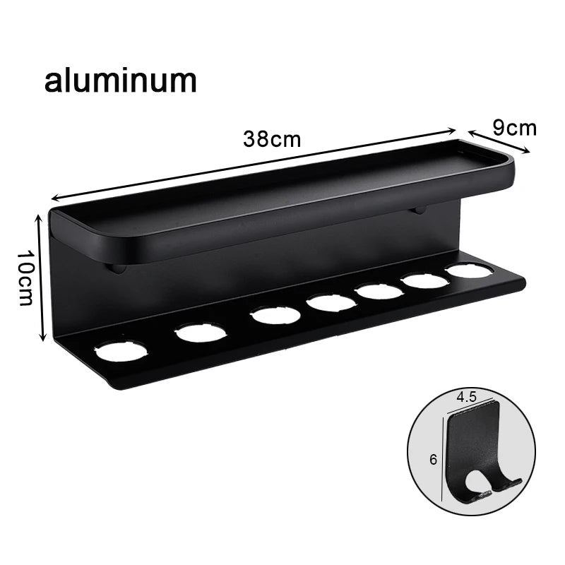 étagère mural moderne aluminium noir clips cheveux organisation salle bain cheveux brosse parfum