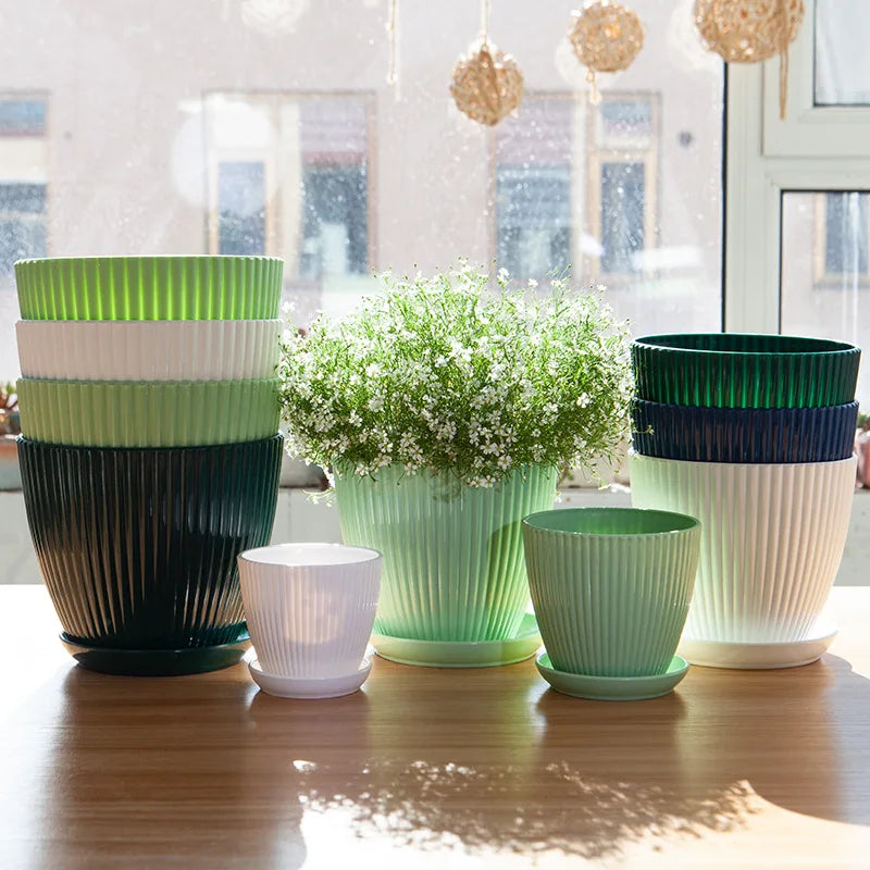 pots fleurs modernes rayures vertes blancs bleus marines plateau amovible intérieur extérieur