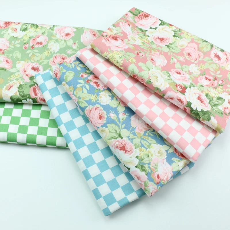 tissu coton imprimé fleurs roses carreaux vert bleu vintage romantique bricolage patchwork coussins rideaux
