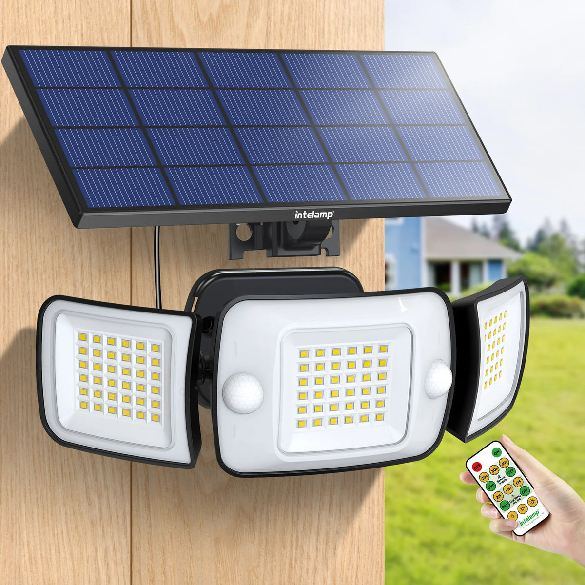 lampe solaire moderne panneau solaire noir cellules bleues capteur mouvement télécommande ledextérieur autonomeparquetjardinchemin