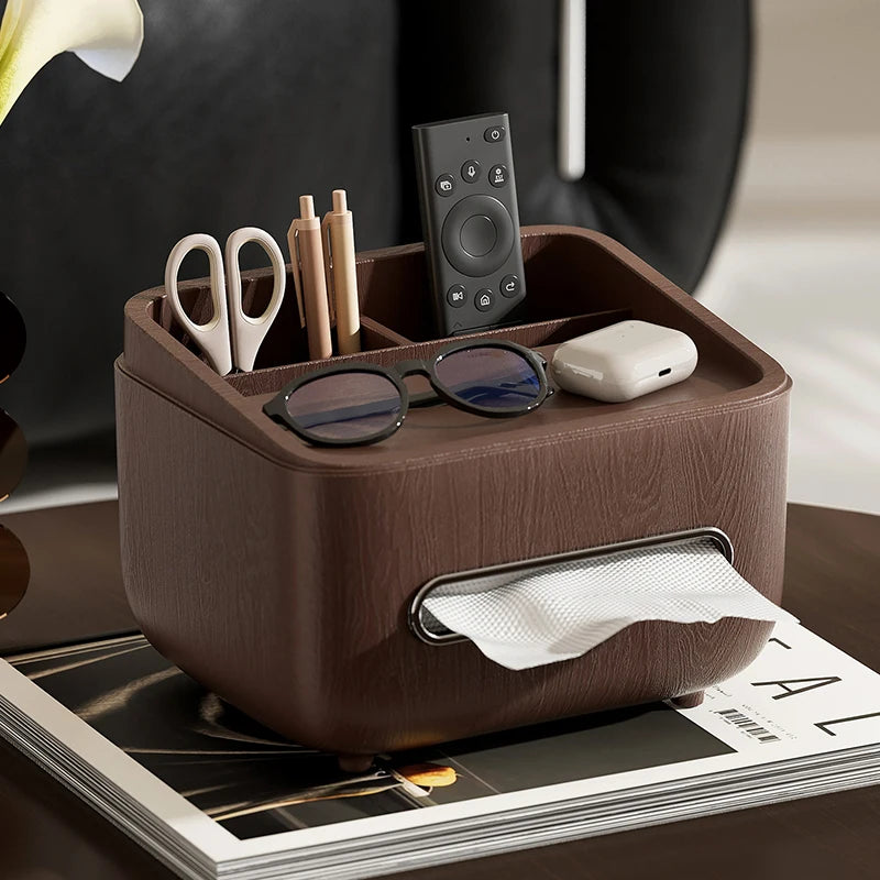 boîte rangement moderne boîte mouchoirs multifonctionnelle marron foncé aspect bois multifonctionnelle hygiène écouteurs télécommande