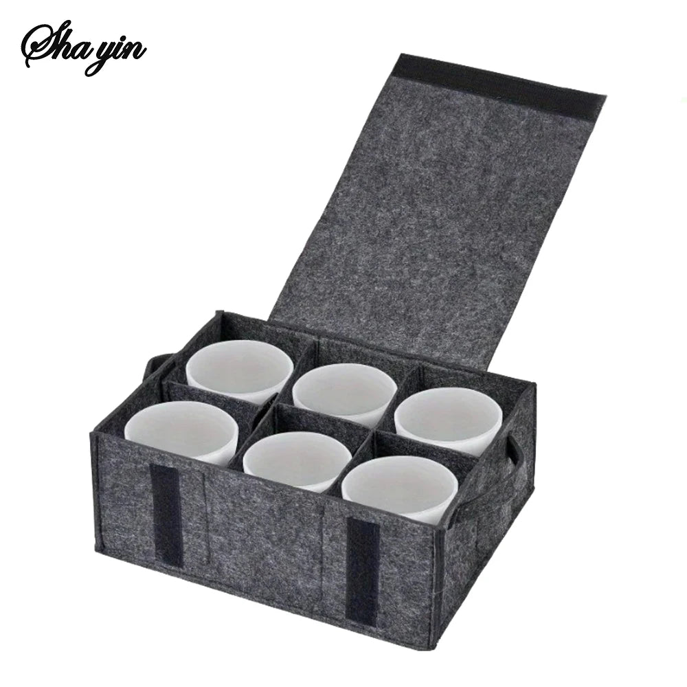 boîte rangement vaisselle feutre gris moderne compartiments poignées camping cuisine minimaliste transporte facilement
