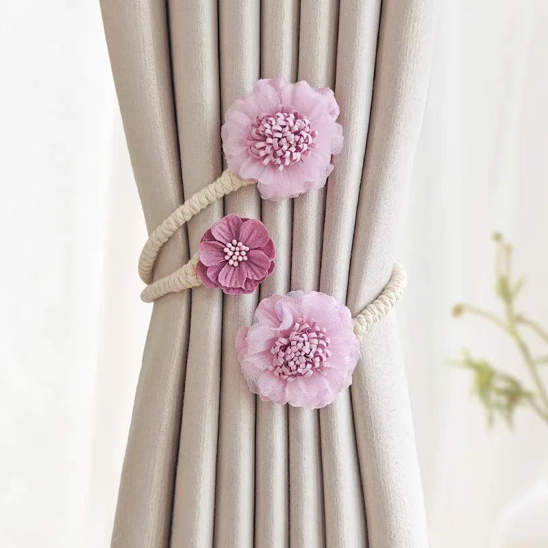 rideau polonais bohème fleurs coton corde tressée moderne attaches pompons transparent floral