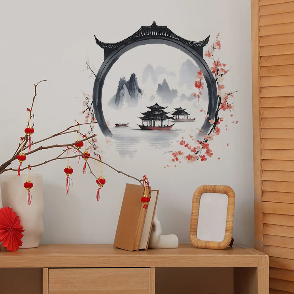 autocollant mural paysage chinois traditionnel montagnes lac pagodes fleurs cerisier noir gris rose blanc