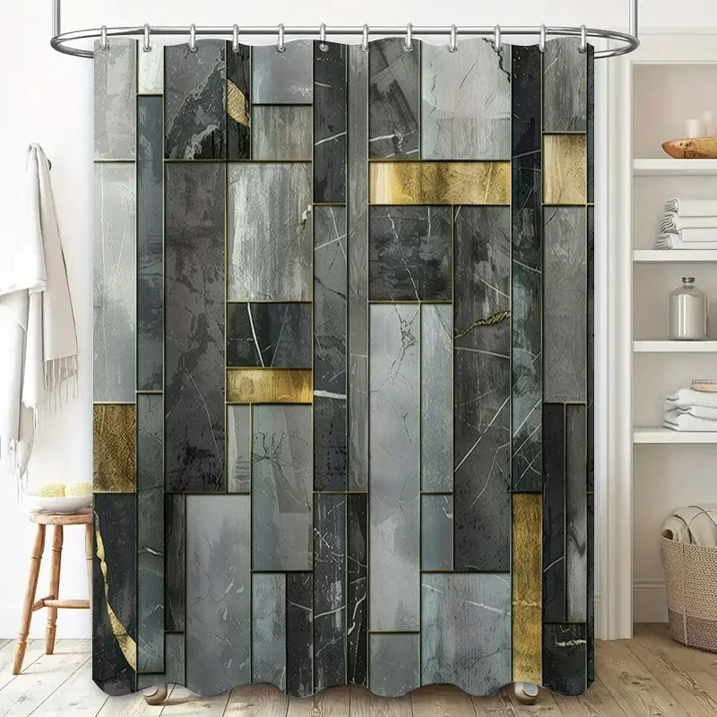 rideau douche moderne gris marbre élégant anneaux suspension 180cm 180cm doré