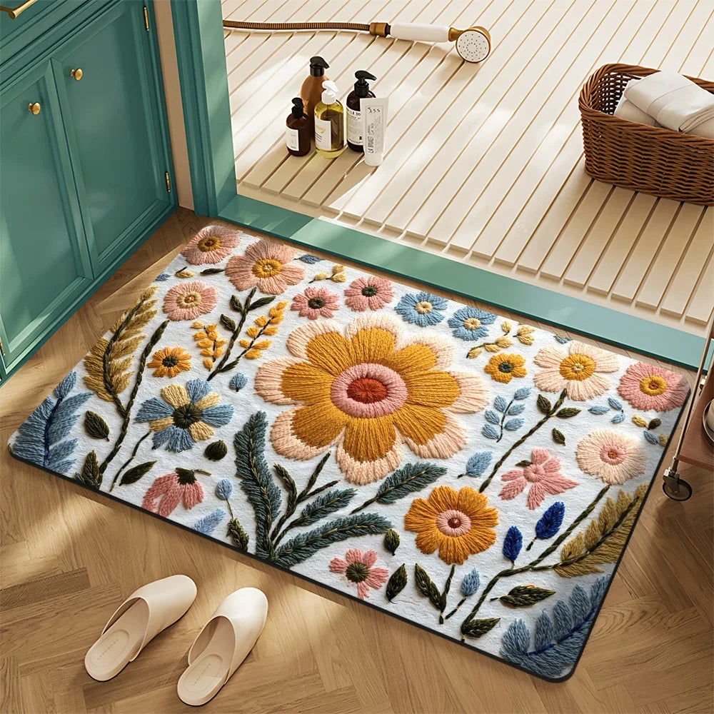 tapis moderne floral relief vert foncé rose blanc entrée bain lettres cœur feuilles