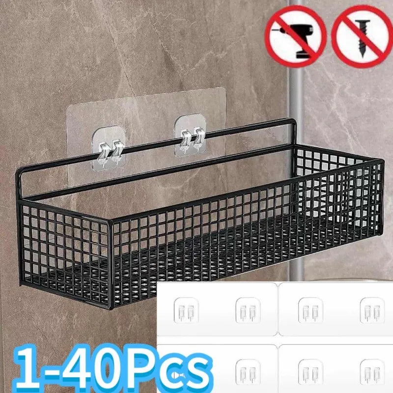 panier mural noir maille métallique adhésif moderne organisation étagères cuisine salle bain resistant pvc