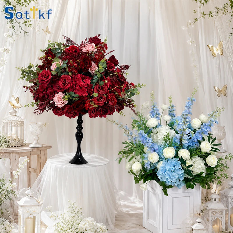 bouquet fleurs artificielles roses hortensias bleus blancs decoration mariage anniversaire exterieur elegante 30cm 50cm
