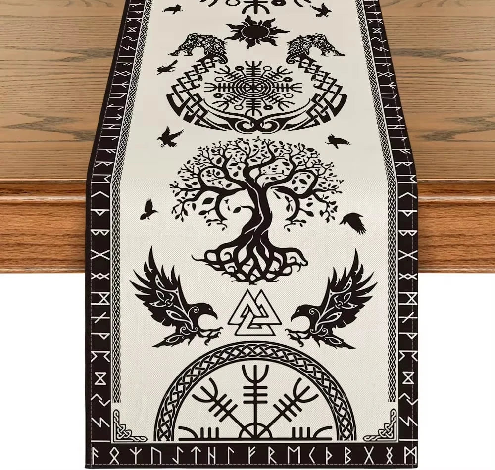 drapeau table artisanal nordique motifs corbeaux arbre vie brunclair festive halloween noël mariage coachella