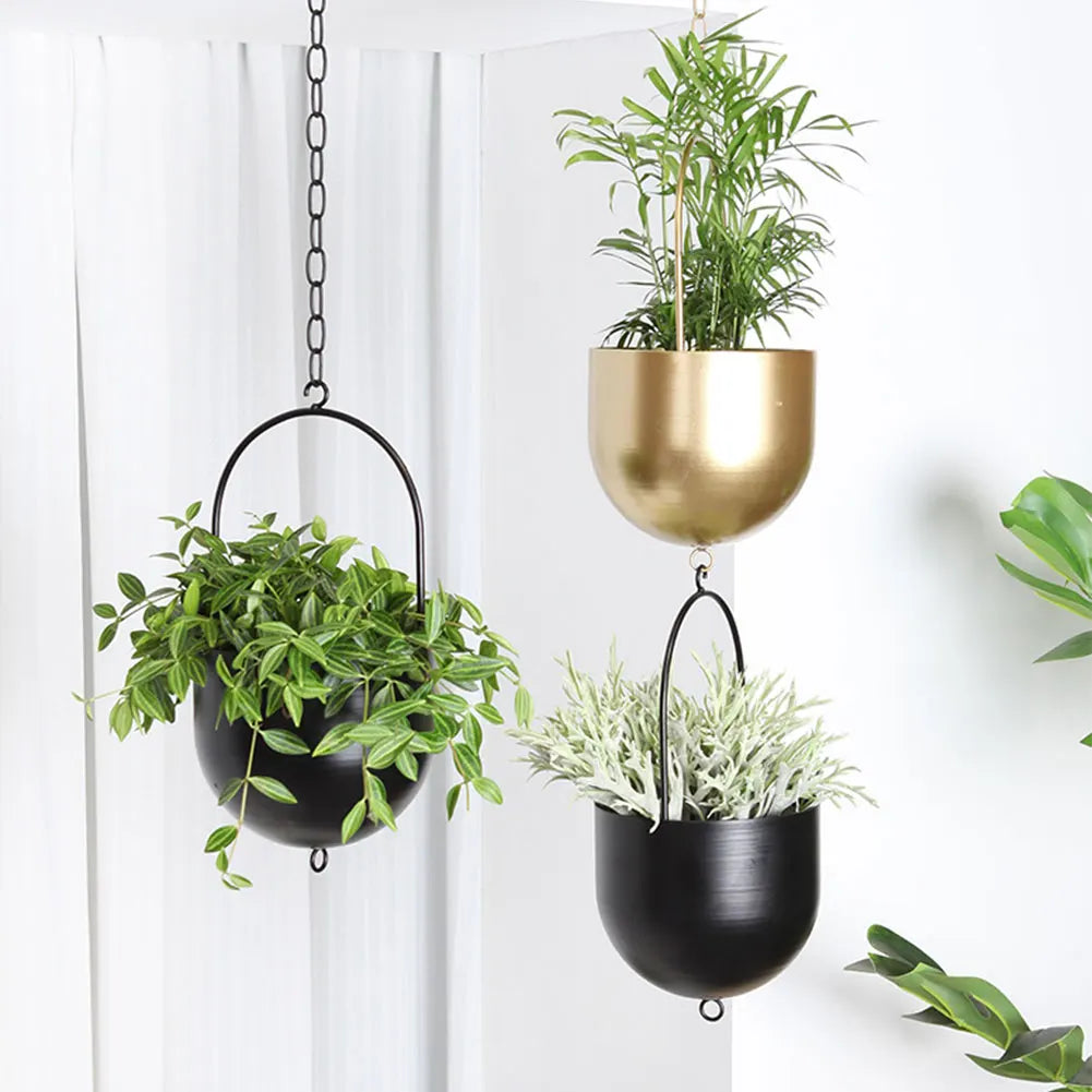 Cache pot suspendu moderne or noir plante verte chaîne métallique intérieur extérieur jardin balcon