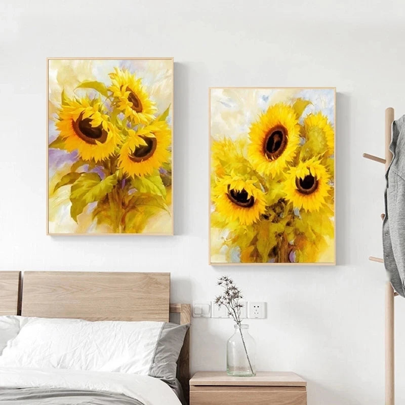 toile peinte tournesol huile fleurs jaune vert salon decoration art moderne chambre