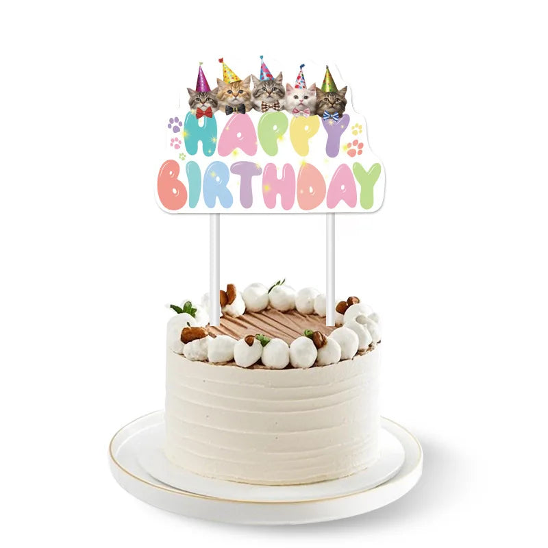 accessoires fête anniversaire multicolore chats chapeaux rubans motifs floraux guirlande lettres happy birthdayDecoration festive