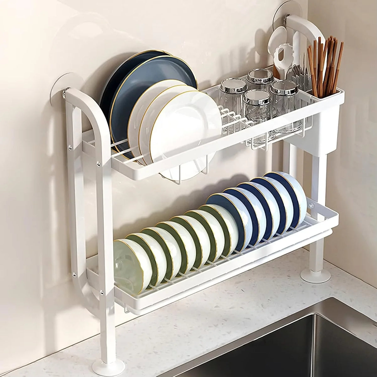 étagère murale moderne niveaux acier inoxydable blanc assiettes verres cuillères rangement serviettes