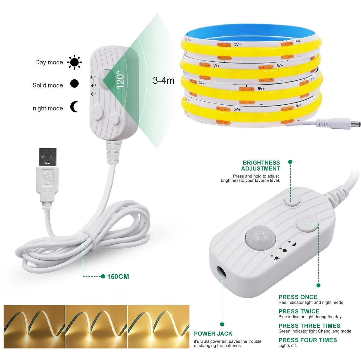 ruban led flexible blanc jaune adhésif 3000k 4000k 6000k contrôleur câble usb moderne chambre