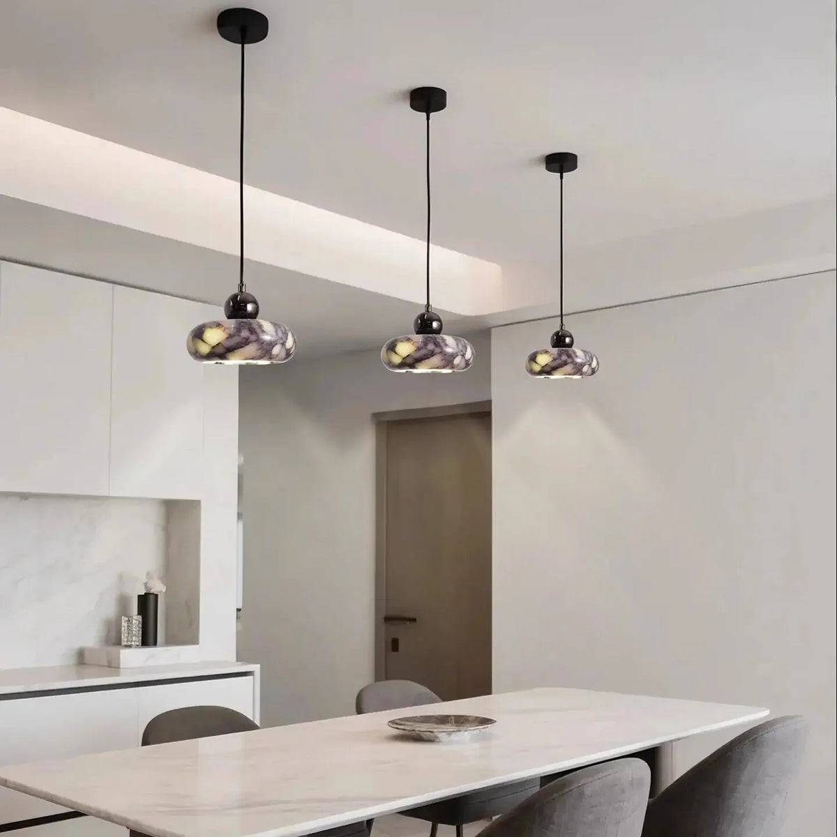 suspension lumineuse marbre moderne noir blanc gris jaune opaque E27 15cm