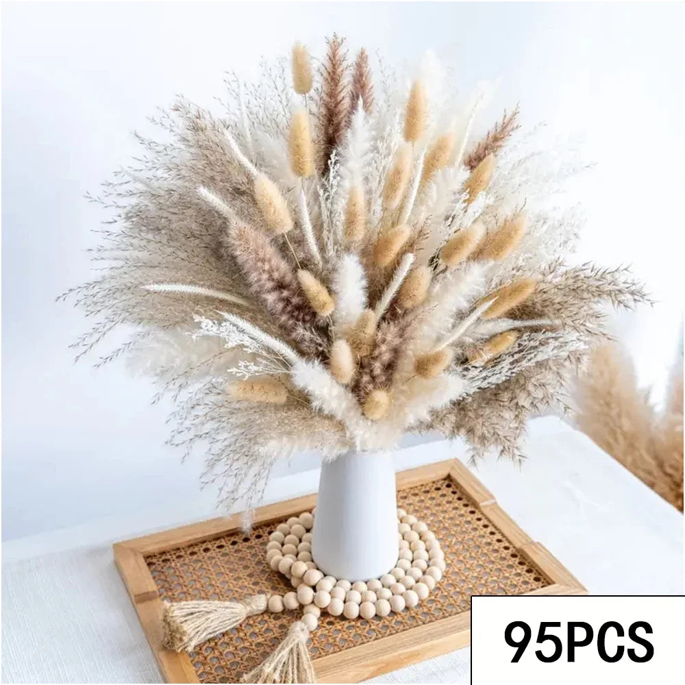 bouquet fleurs séchées pampa plumes fines beige blanc rose pâle naturel rustique clips decoration