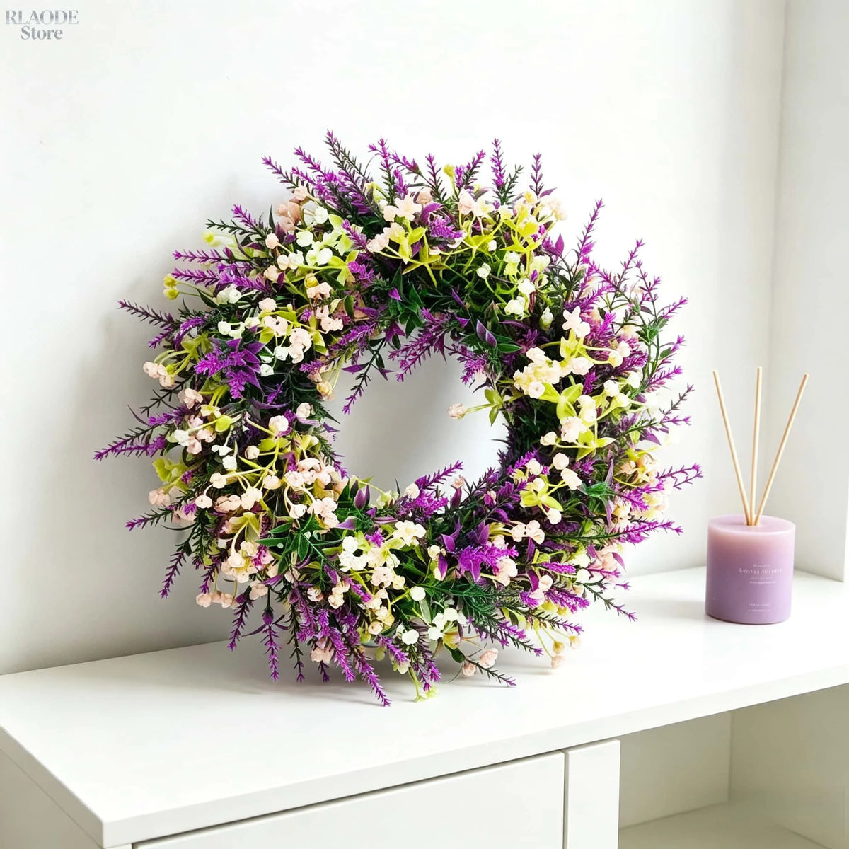couronne florale artificielle violette blanche verte décoration extérieure mariage fête prénuptiale rustique naturel