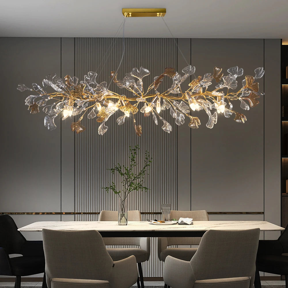 lampe suspendue contemporaine feuilles stylisées doré transparentes chaînes salon chambre 4500k 3000k 6000k