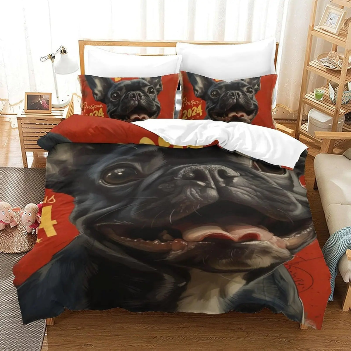 Chambre décorée avec housse de couette Bouledogue français et accessoires assortis