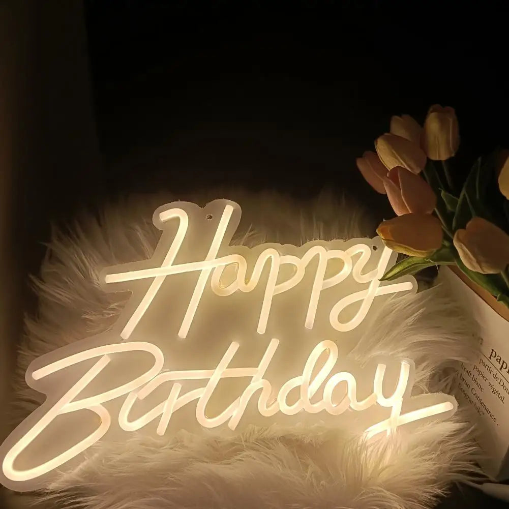 lampe néon happy birthday blanc moderne acrylique alimentée usb réglable fête anniversaire