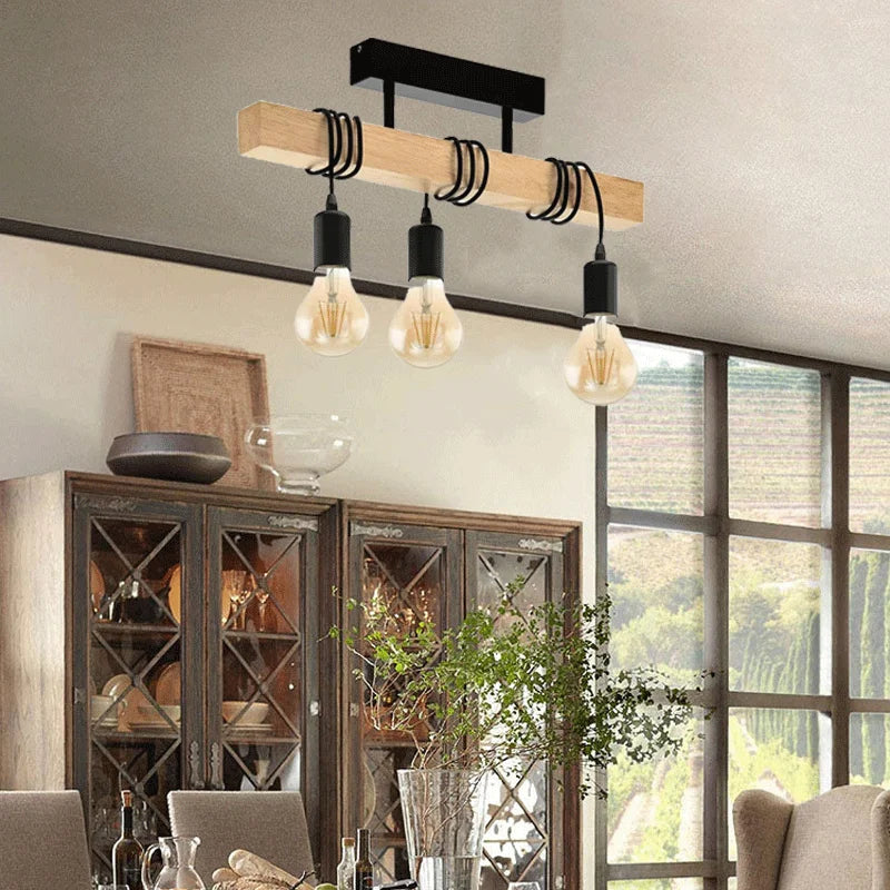 suspension lumineuse industrielle moderne bois naturel noir ampoules e27 clips métalliques chambre salon étude