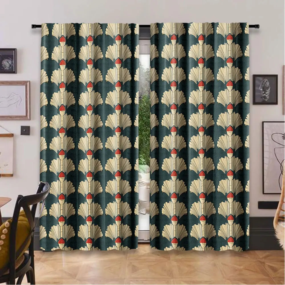 rideaux art deco motifs plumes vert foncé beige rouge opaques 100 polyester pièces