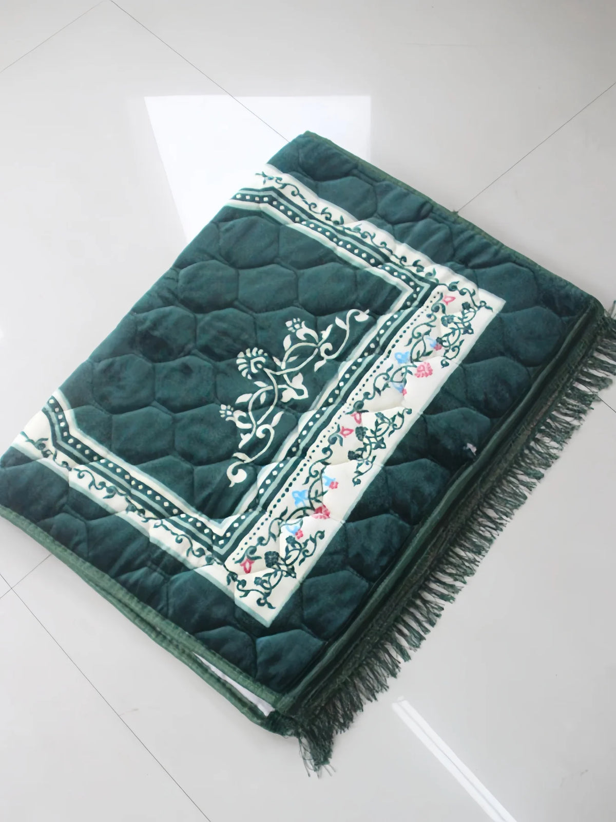 tapis prière musulman fleur coton flocage antidérapant bleu vert rouge ornements bordure classique 120cm