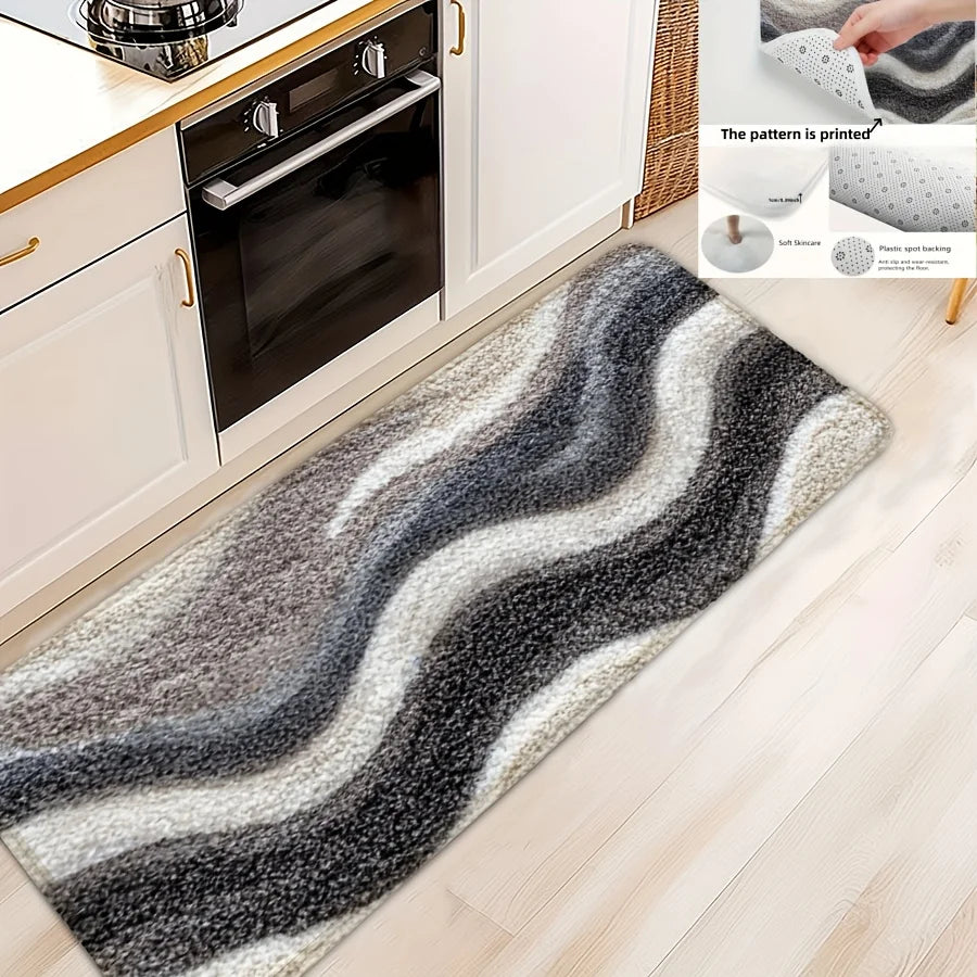 tapis gris noir blanc rayures ondulées moderne antidérapant polyester imperméable