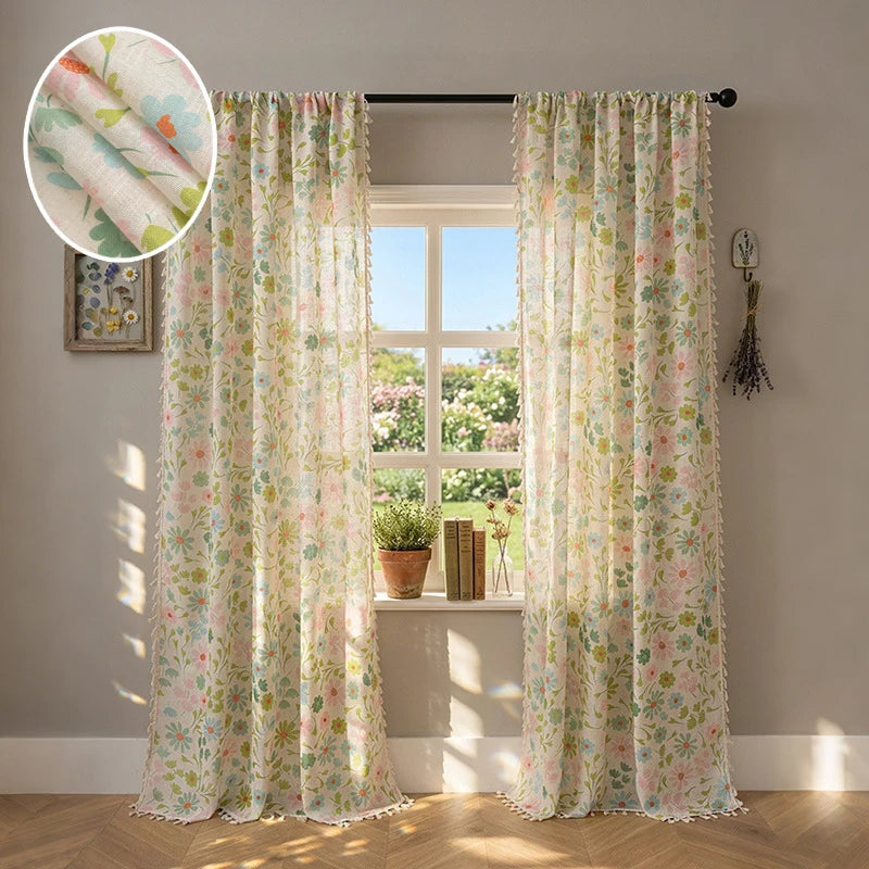 rideau fleuri transparent polyester moderne maison blanc vert bleu rose orange