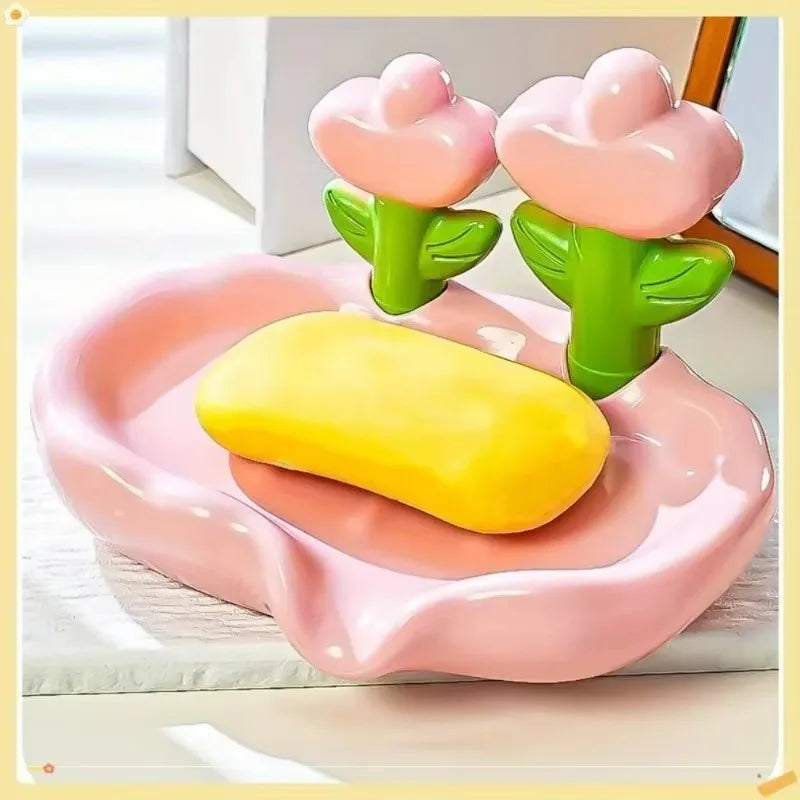 support savon moderne rose blanc fleurs relief surface lisse évacuation salle bain portable