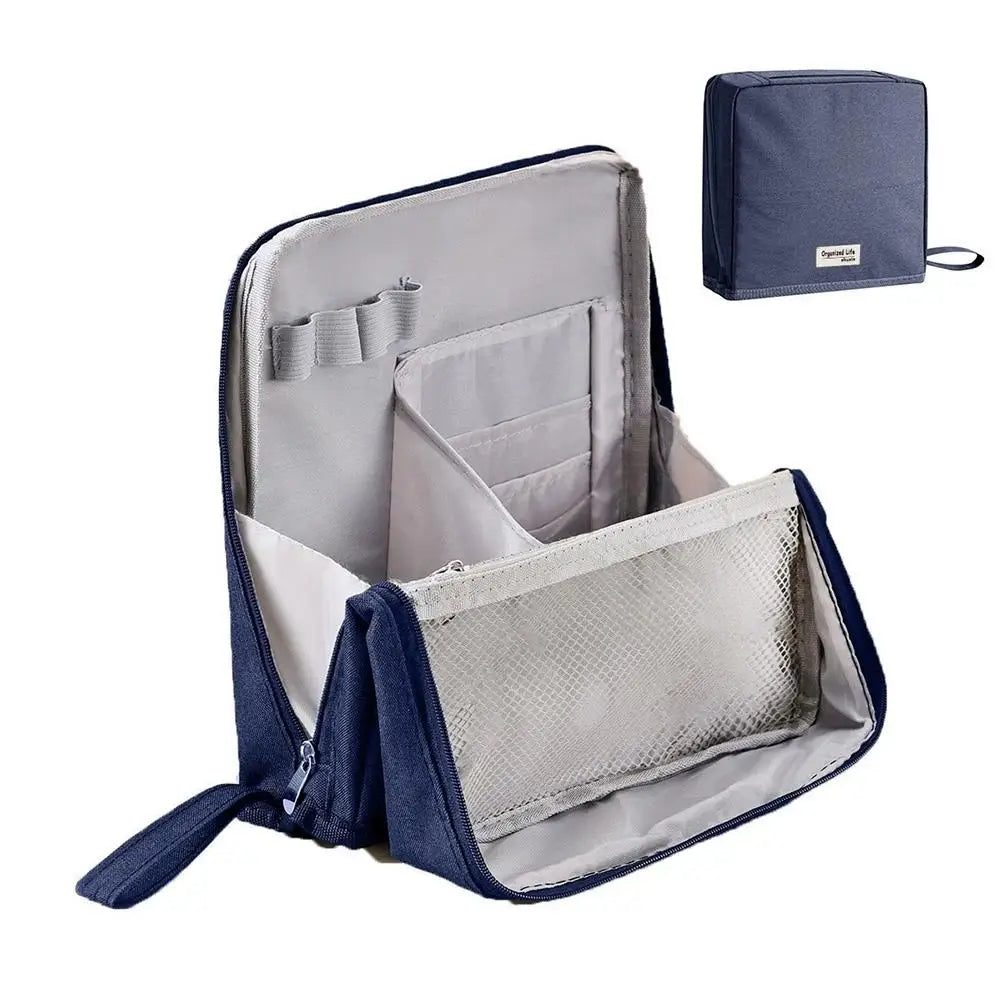 organisateur maquillage portable pliable gris noir poignée compartiments multifonctionnels
