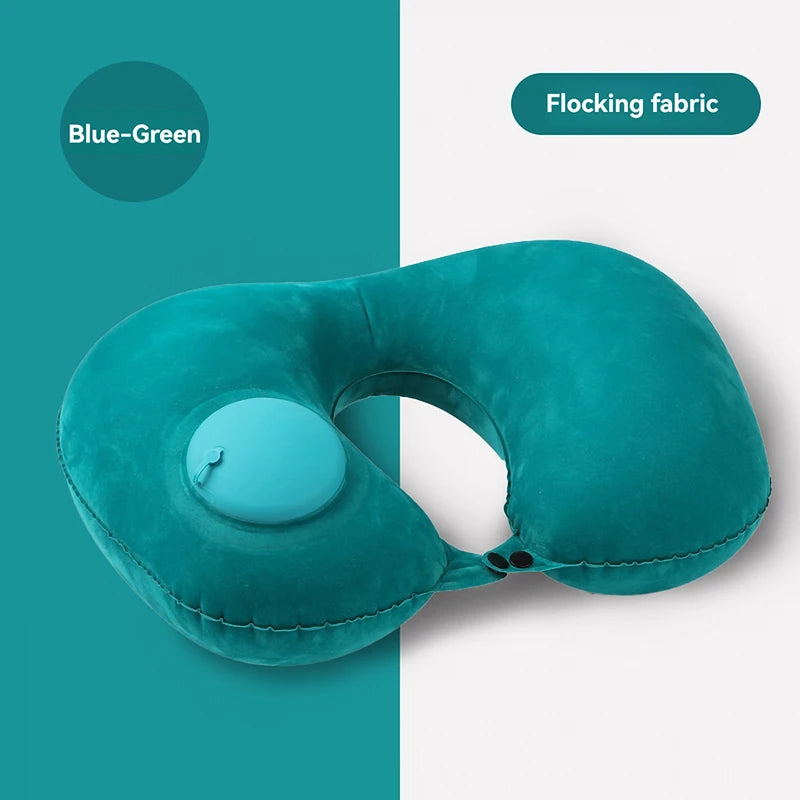 oreiller voyage gonflable forme cou bleu polyester ergonomique valve gonflageextérieur support confortable