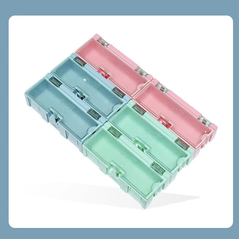 boîtes rangement électroniques vert rose bleu clips fermeture pratiques modernes