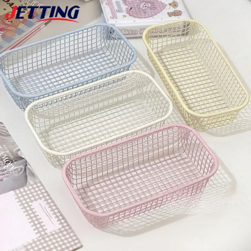 paniers rangement métal blanc rose bleu maille fine moderne papier pince ruban adhésif